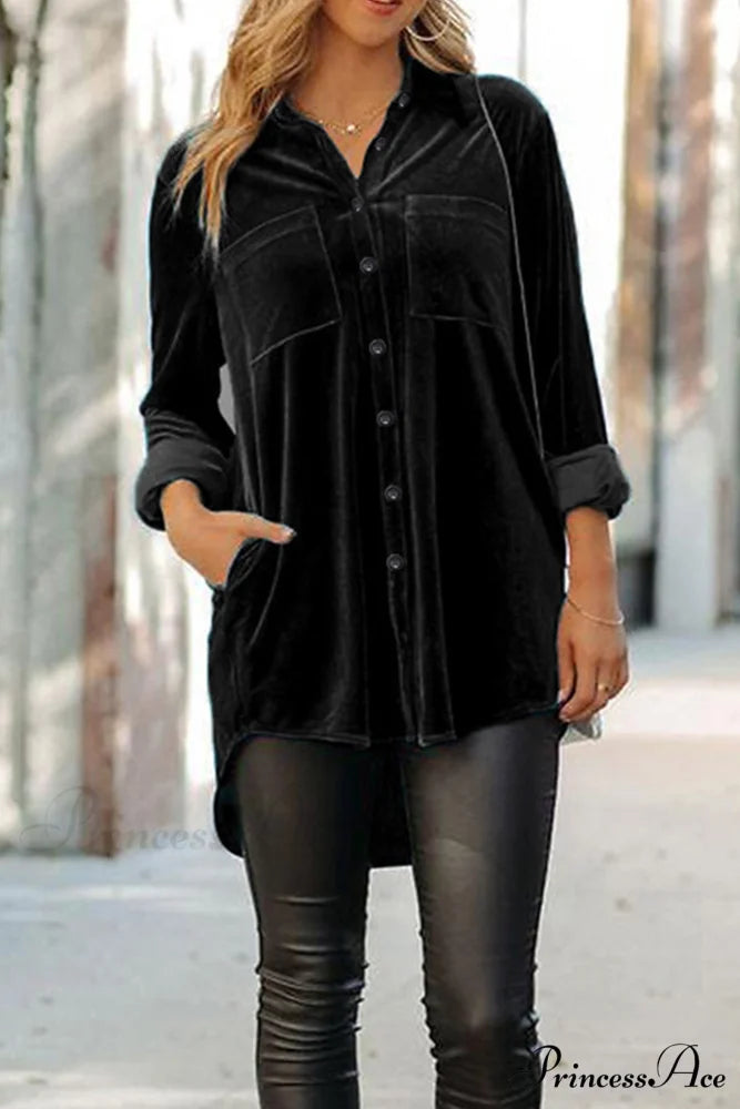 Velvet Blouse with Pockets Black / L