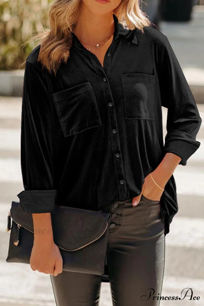 Velvet Blouse with Pockets Black / S