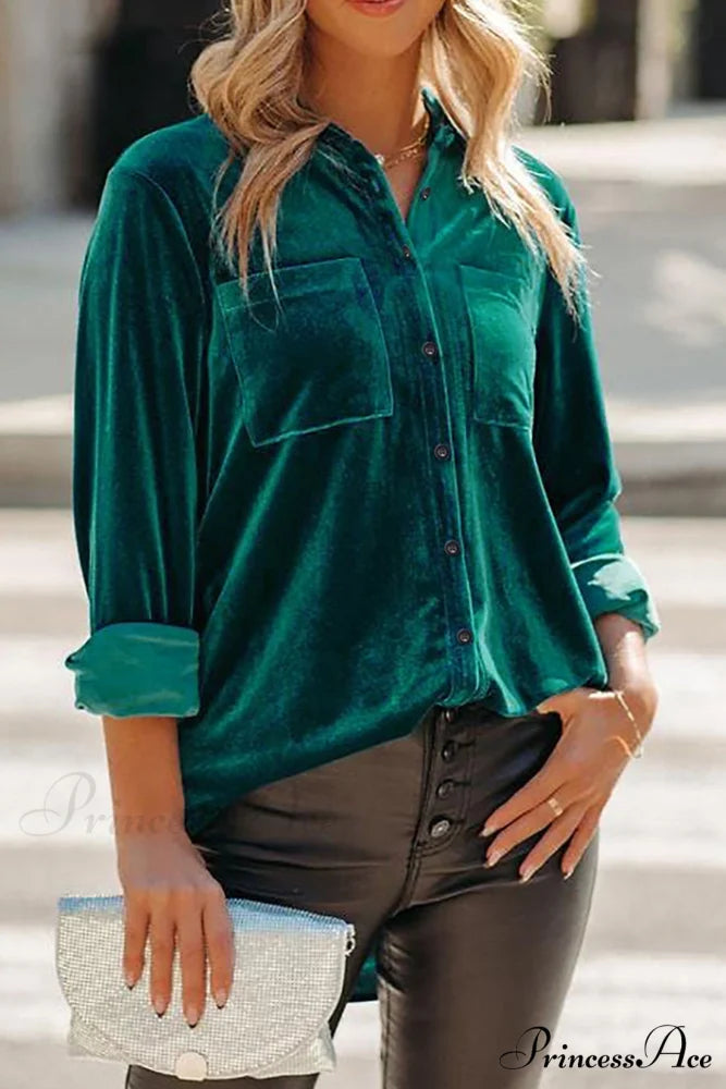Velvet Blouse with Pockets Peacock Blue / S