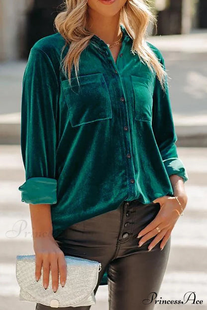 Velvet Blouse with Pockets Peacock Blue / S