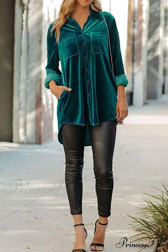 Velvet Blouse with Pockets Peacock Blue / XL