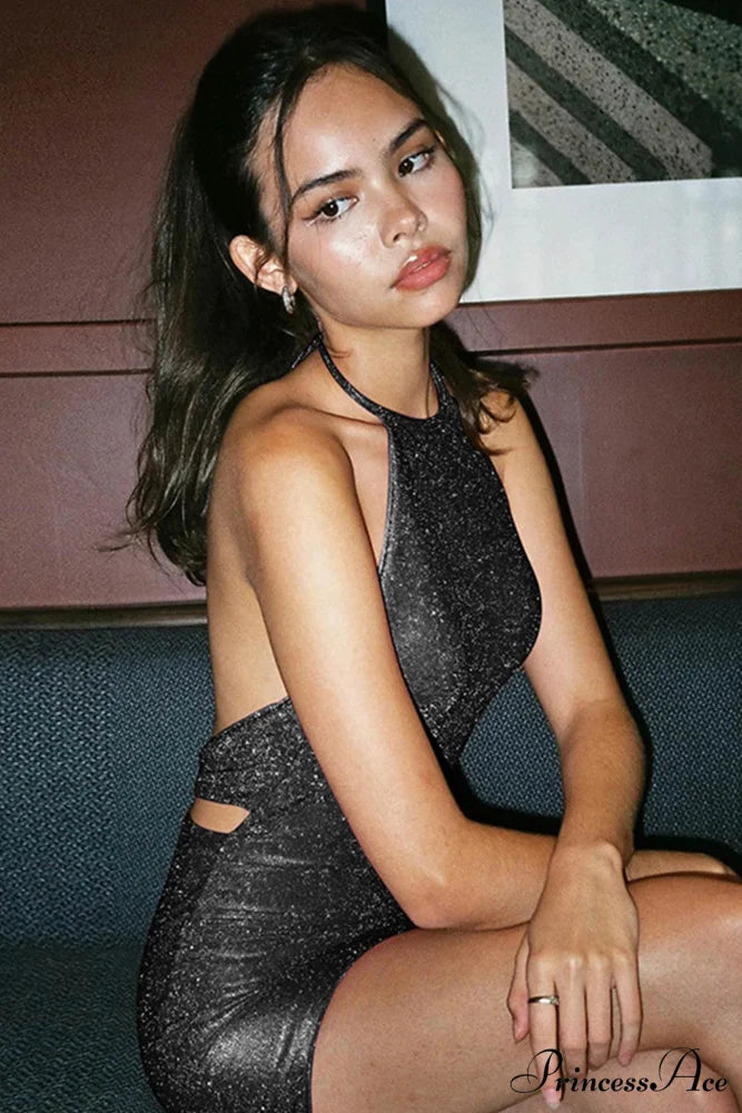 Velvet Bodycon Mini Dress with Tie-Back Black / S