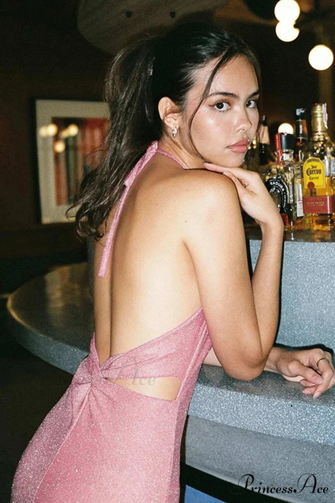 Velvet Bodycon Mini Dress with Tie-Back Pink / L