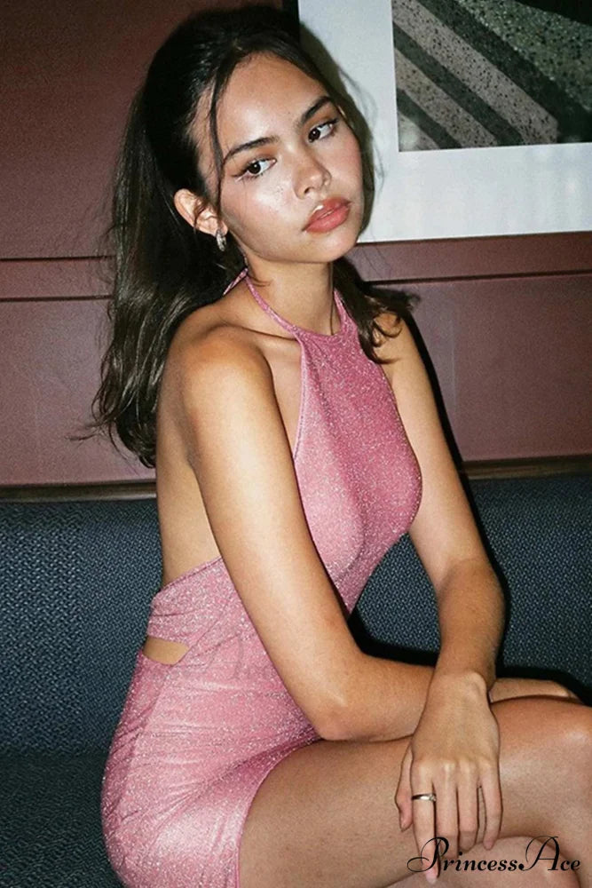 Velvet Bodycon Mini Dress with Tie-Back Pink / S