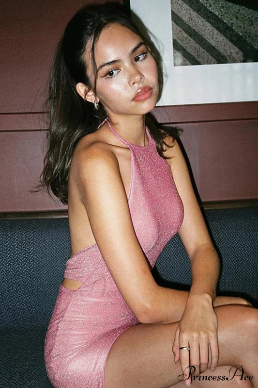 Velvet Bodycon Mini Dress with Tie-Back Pink / S