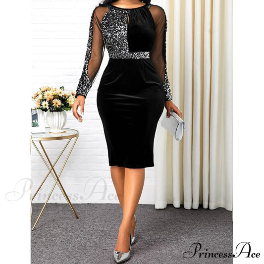 Velvet Bright Silk Evening Patchwork Party Dress Black / S