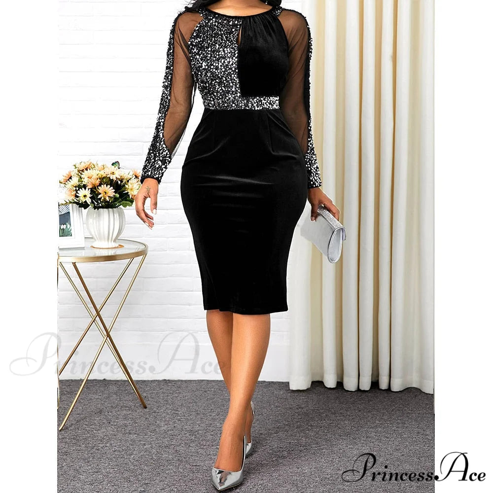 Velvet Bright Silk Evening Patchwork Party Dress Black / S