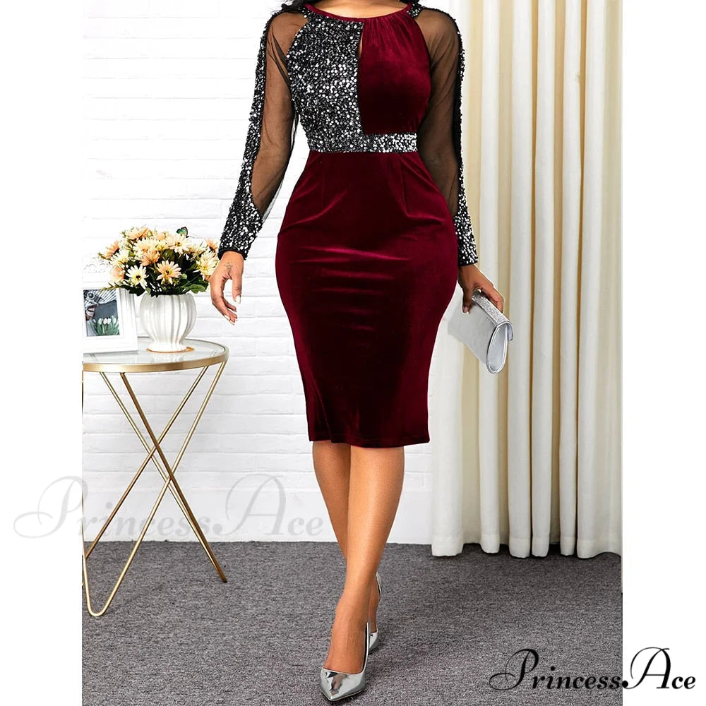 Velvet Bright Silk Evening Patchwork Party Dress Red / S