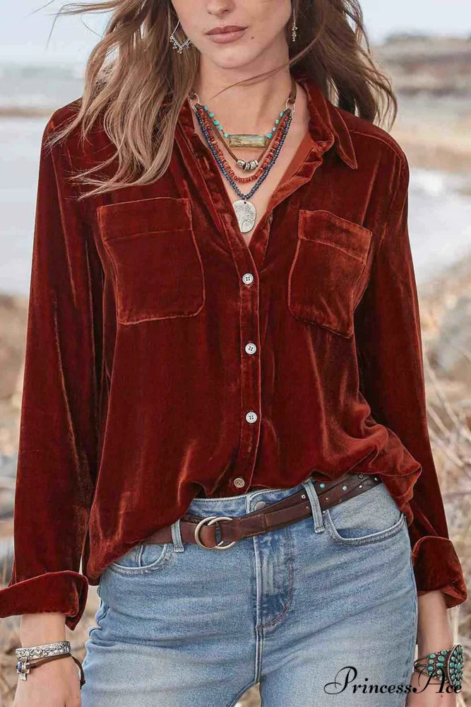 Velvet Button Up Blouse with Lapel Brick Red / S