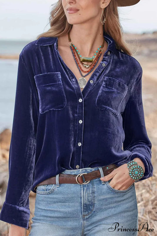 Velvet Button Up Blouse with Lapel Purple Orchid / M