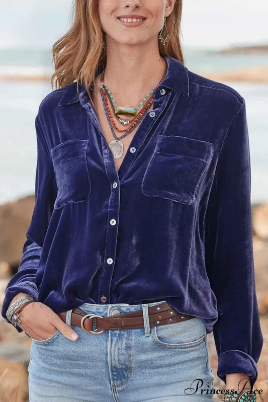 Velvet Button Up Blouse with Lapel Purple Orchid / S