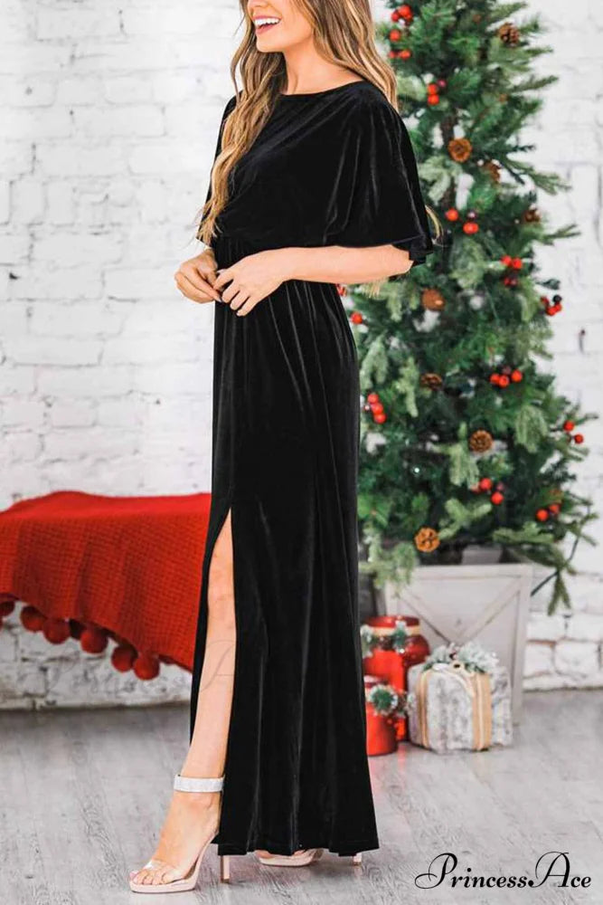 Velvet Crew Neck Midi Dress with High Slit Black / M