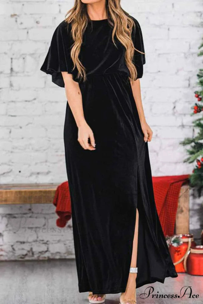 Velvet Crew Neck Midi Dress with High Slit Black / S