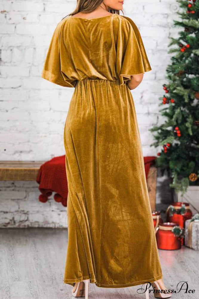 Velvet Crew Neck Midi Dress with High Slit Gold / L