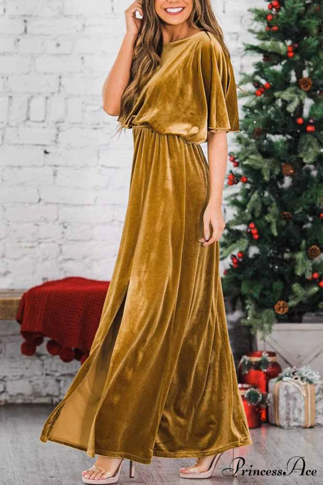 Velvet Crew Neck Midi Dress with High Slit Gold / M