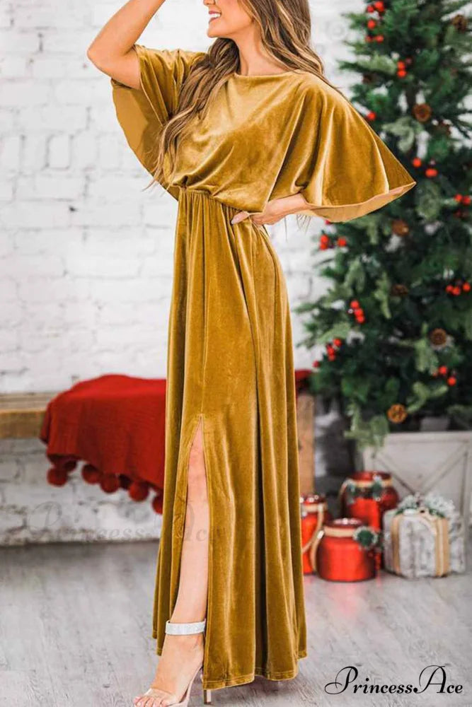 Velvet Crew Neck Midi Dress with High Slit Gold / S