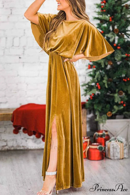 Velvet Crew Neck Midi Dress with High Slit Gold / S
