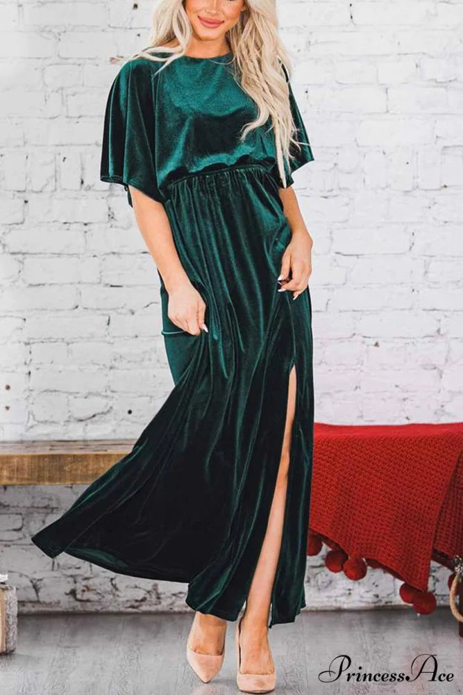 Velvet Crew Neck Midi Dress with High Slit Green / S