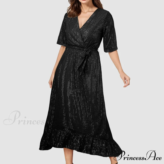 Velvet Elegant V-Neck Slimming Pleated Long Sleeve Wedding Dress Black / S