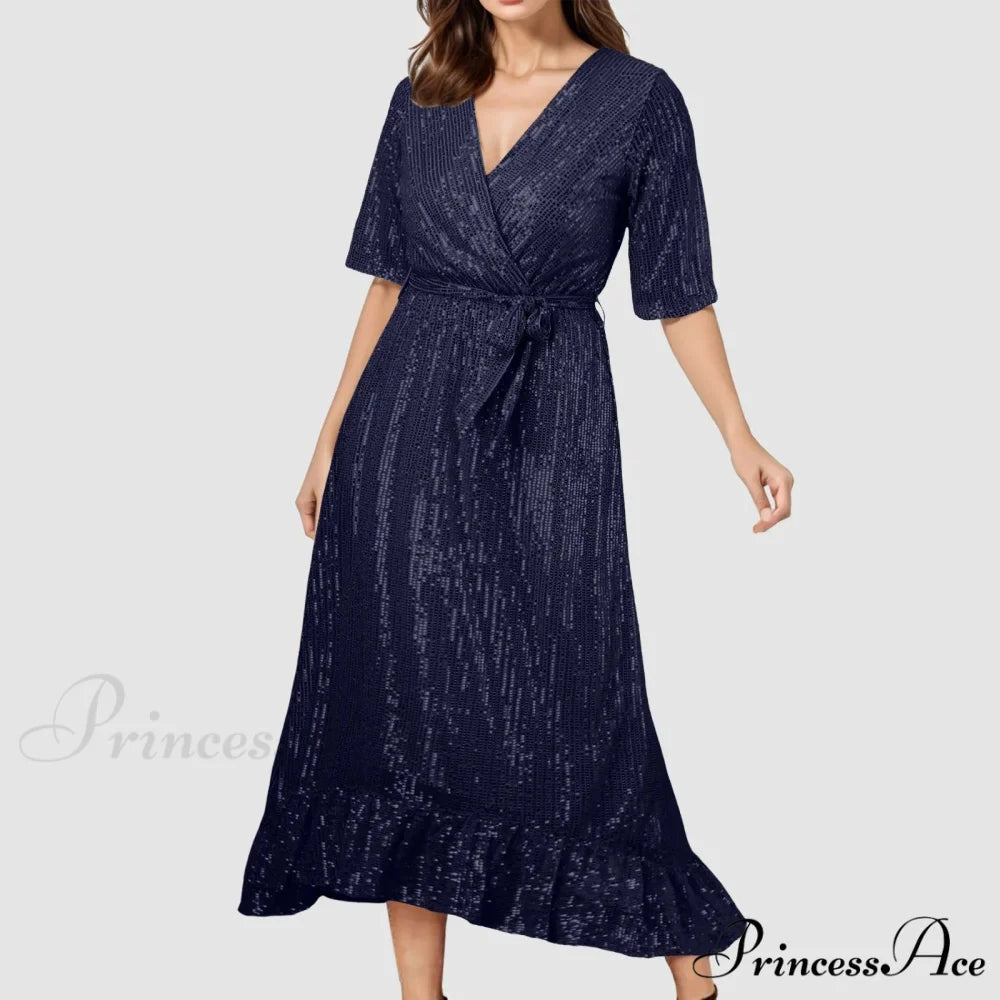 Velvet Elegant V-Neck Slimming Pleated Long Sleeve Wedding Dress Blue / S