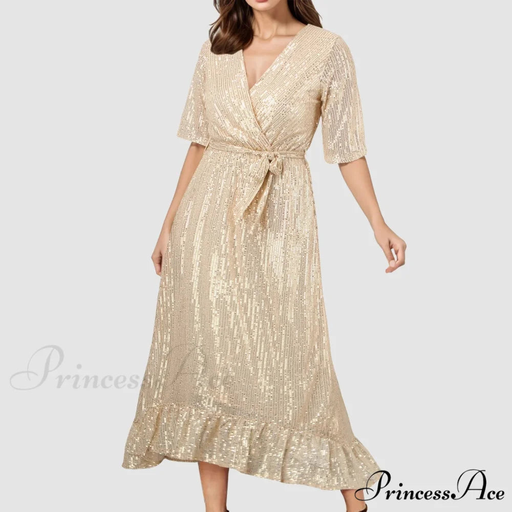 Velvet Elegant V-Neck Slimming Pleated Long Sleeve Wedding Dress Gold / S