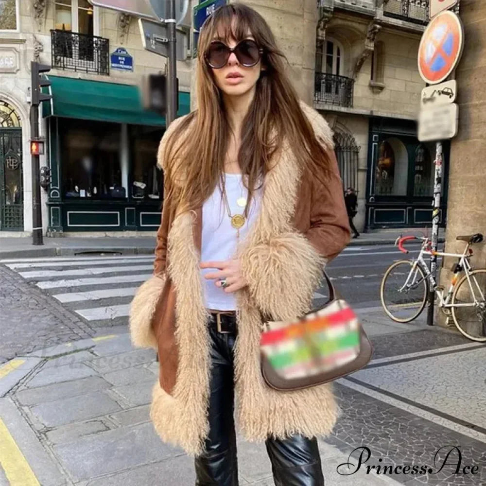 Velvet Furry Collar Extended Sleeve Cozy Overcoat Brown / S overcoats-241228