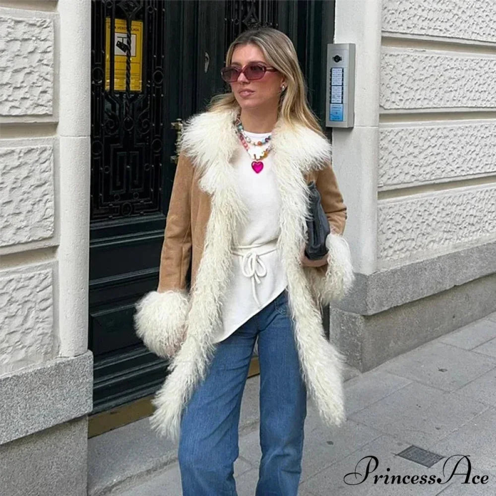 Velvet Furry Collar Extended Sleeve Cozy Overcoat Khaki / S overcoats-241228