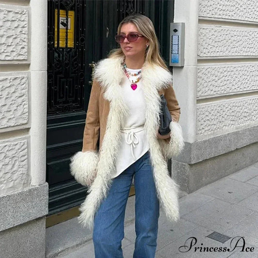 Velvet Furry Collar Extended Sleeve Cozy Overcoat Khaki / S overcoats-241228