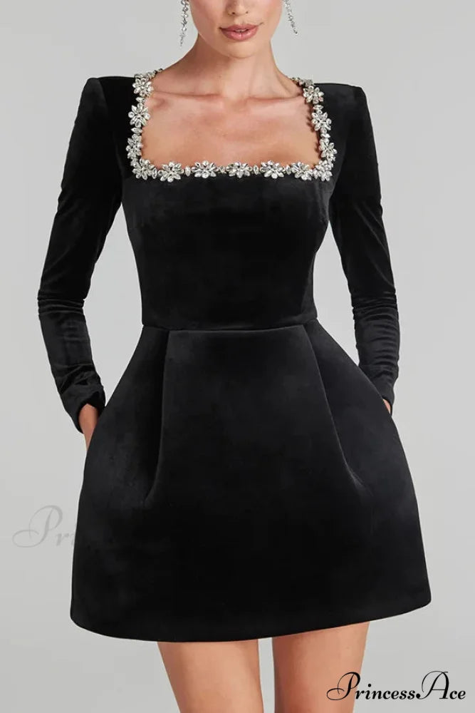 Velvet High Waist A-Line Party Dress Black styleA / S