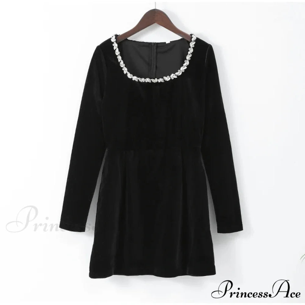 Velvet High Waist A-Line Party Dress Black styleB / S