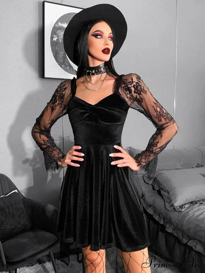 Velvet Lace Lantern Sleeve Twisted 40s 50s Retro V Neck Backless Bodycon Goth Dress