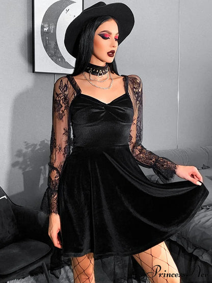 Velvet Lace Lantern Sleeve Twisted 40s 50s Retro V Neck Backless Bodycon Goth Dress