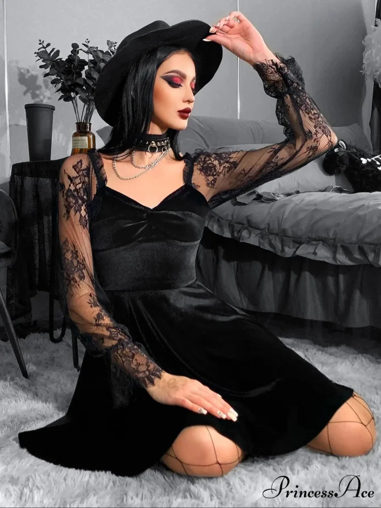 Velvet Lace Lantern Sleeve Twisted 40s 50s Retro V Neck Backless Bodycon Goth Dress Black / S