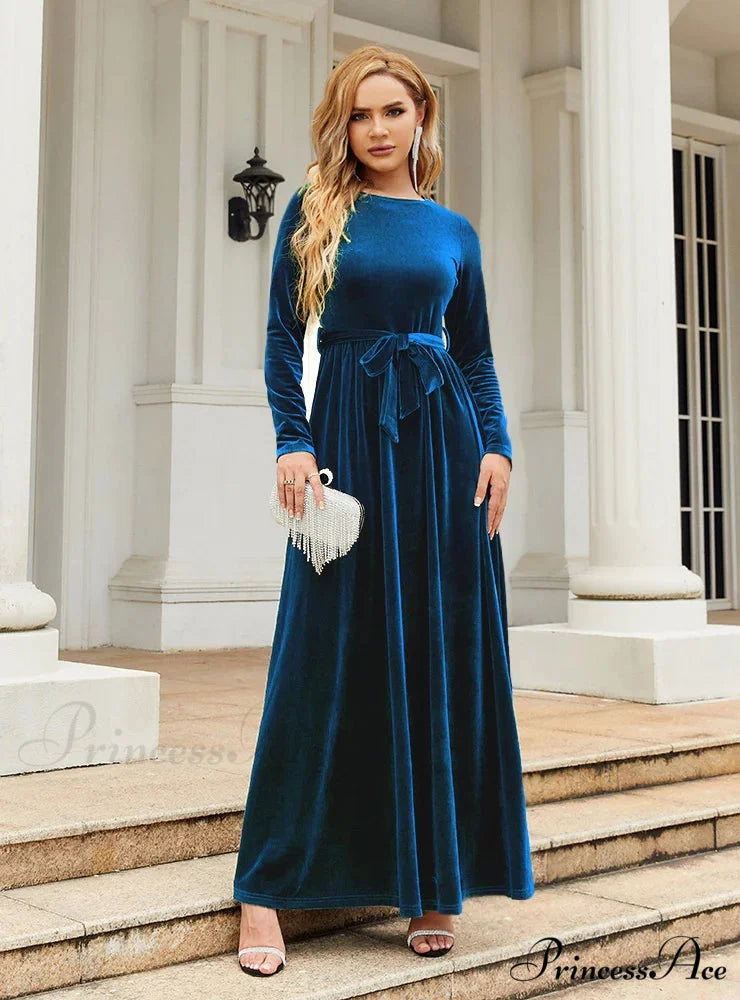 VELVET LONG SLEEVE DRESS - SOLID COLOR M / dark blue