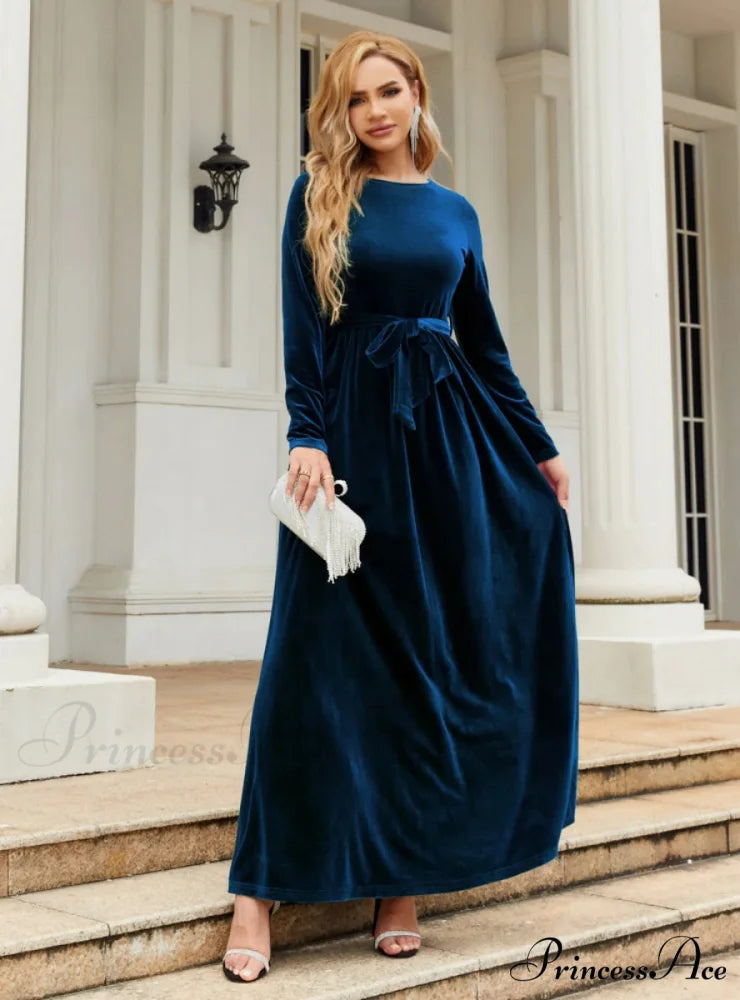 VELVET LONG SLEEVE DRESS - SOLID COLOR S / blue