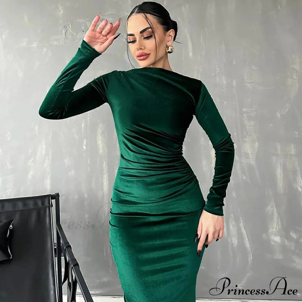 Velvet Long Sleeve Midi Dress - Elegant Party Clothes for Christmas Party Green / S