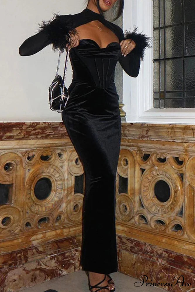 Velvet Mesh Patchwork Dress with Low Cut Black / L