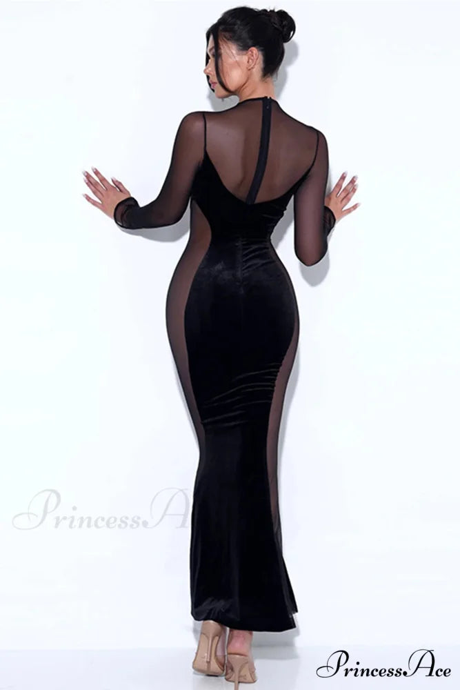 Velvet Mesh Patchwork Maxi Dress Black / L