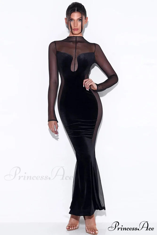 Velvet Mesh Patchwork Maxi Dress Black / S