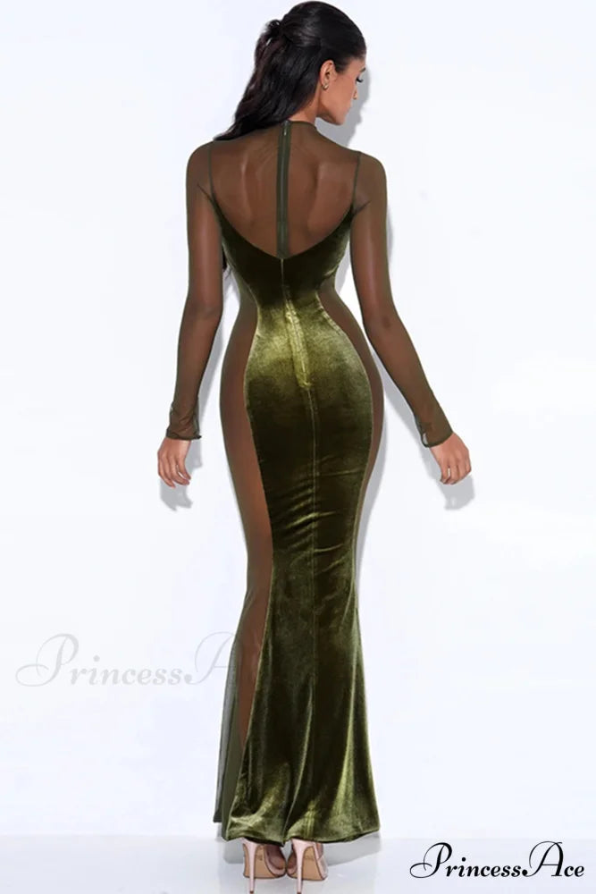 Velvet Mesh Patchwork Maxi Dress Green / L