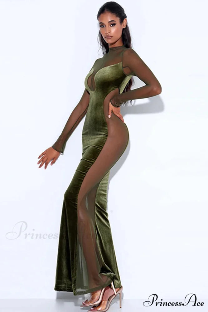 Velvet Mesh Patchwork Maxi Dress Green / M