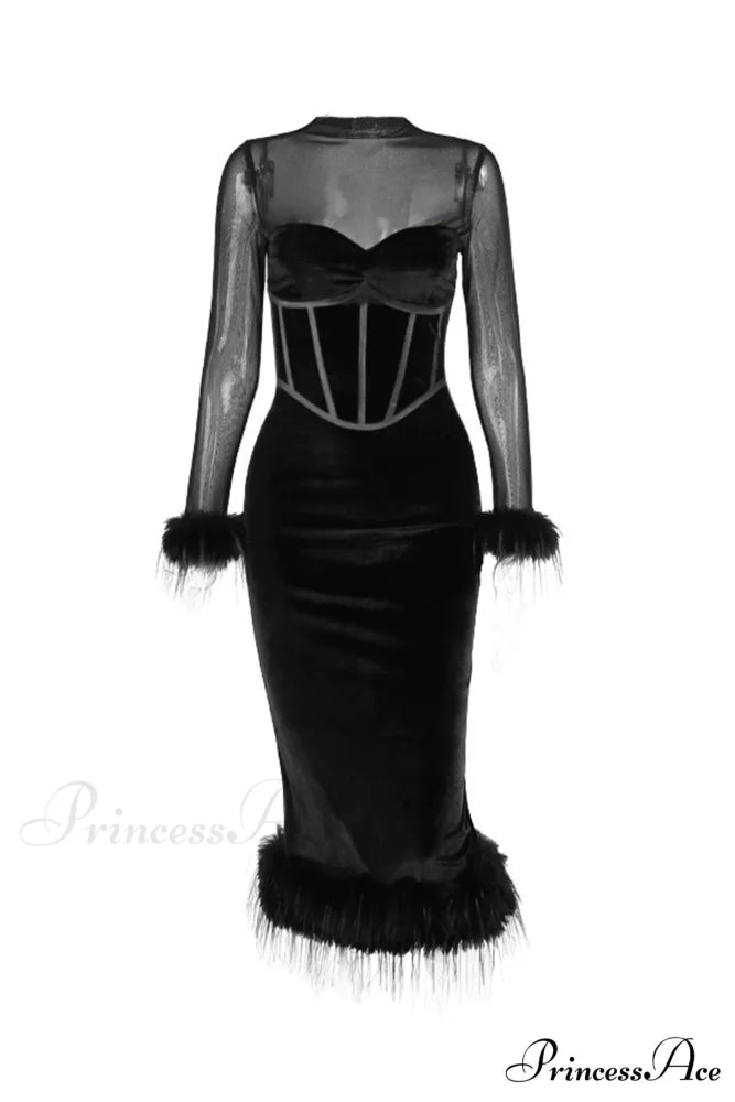 Velvet Patchwork Fuzzy Hem Slit Dress