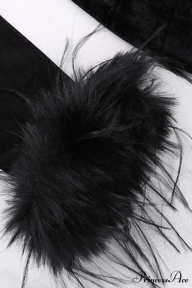 Velvet Patchwork Fuzzy Hem Slit Dress