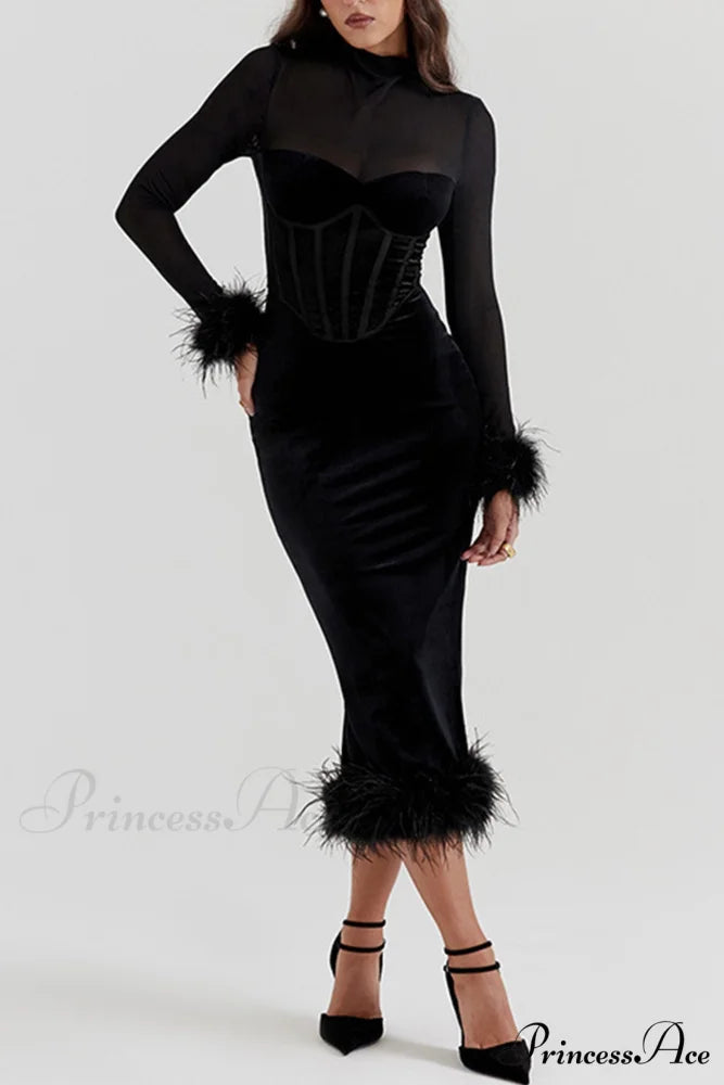 Velvet Patchwork Fuzzy Hem Slit Dress Black / L