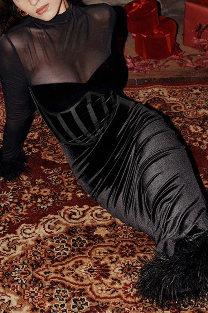 Velvet Patchwork Fuzzy Hem Slit Dress Black / M