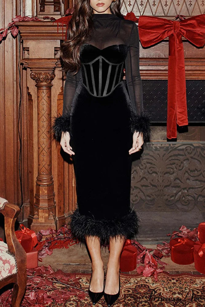 Velvet Patchwork Fuzzy Hem Slit Dress Black / S