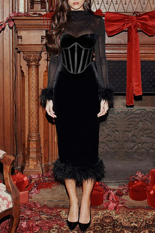 Velvet Patchwork Fuzzy Hem Slit Dress Black / S