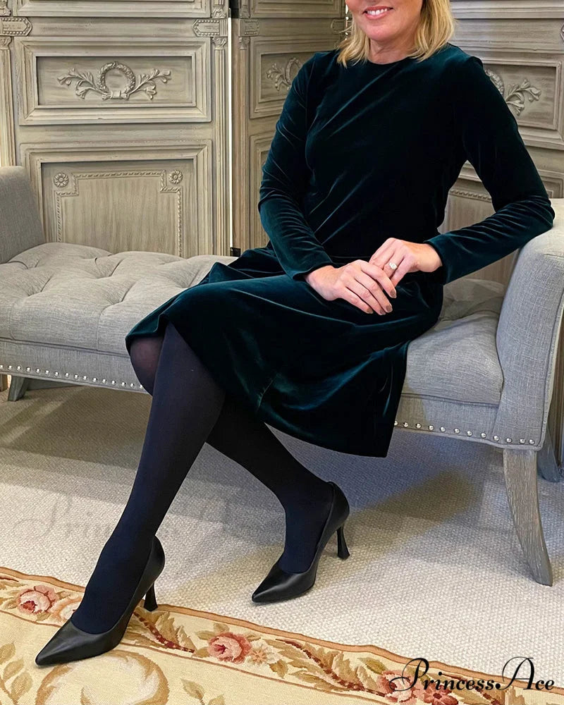 Velvet Round Neck Dress Dark Green / S