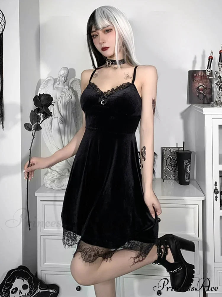 Velvet Spaghetti Strap Backless Moon Pendant Colorful Lace Trim A-Line Waist-in Sleeveless Corset Dress Black / S