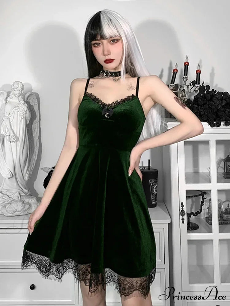 Velvet Spaghetti Strap Backless Moon Pendant Colorful Lace Trim A-Line Waist-in Sleeveless Corset Dress Green / S